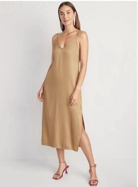 Old Navy Satin Smocked Midi Slip Dress Sleeveless Women S Side Split Boho Bronze